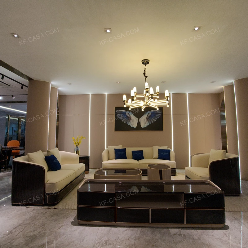 Beige Leather Sofa Set with Dark Natural Wood Veneer & Gold Stainless Steel Trim